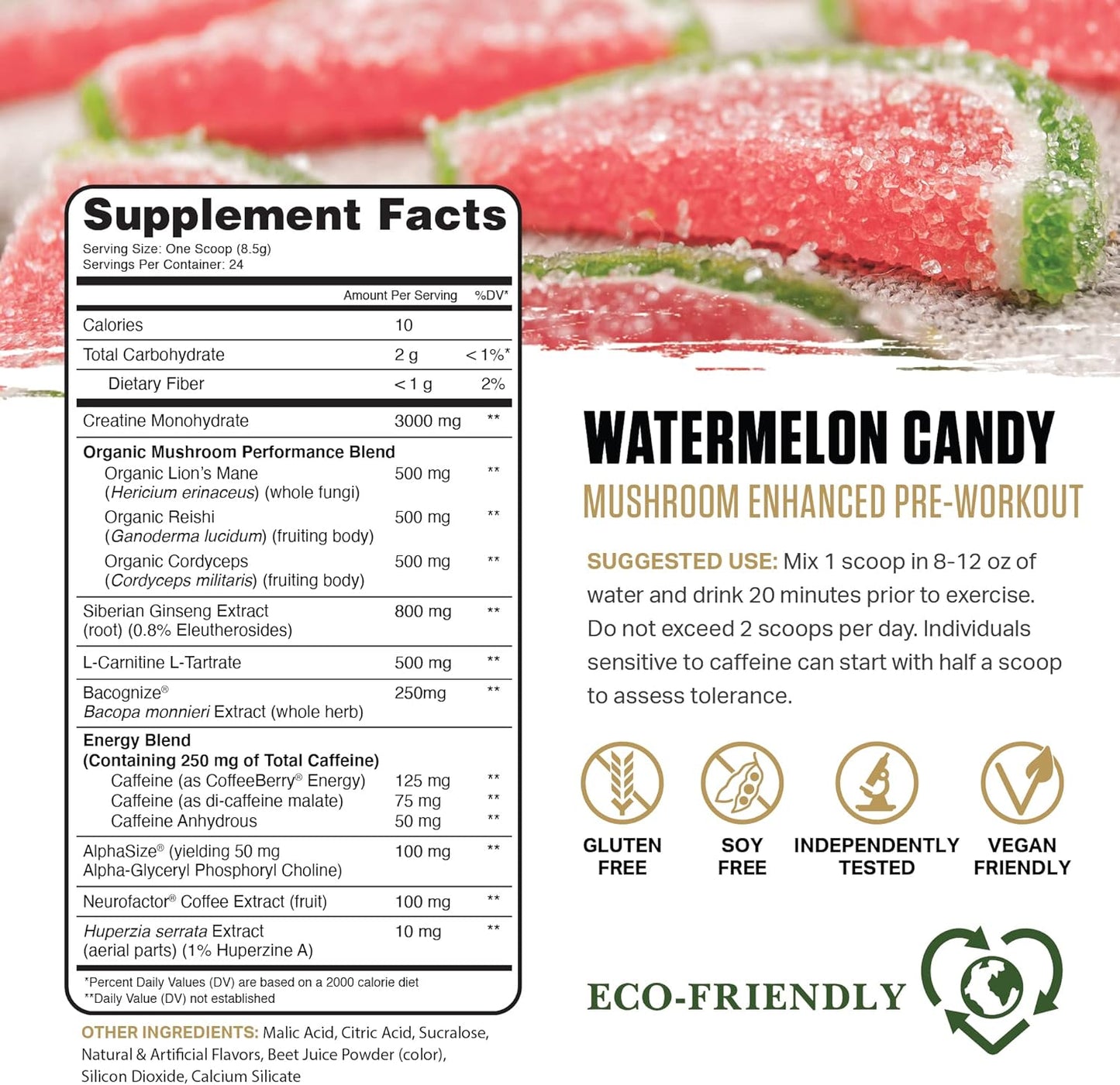 Ambrosia Kinetic Organic Preworkout, Mushroom Enhanced Natural Pre Workout Supplement, Nootropic Superfood Powder for Energy (Watermelon Candy)