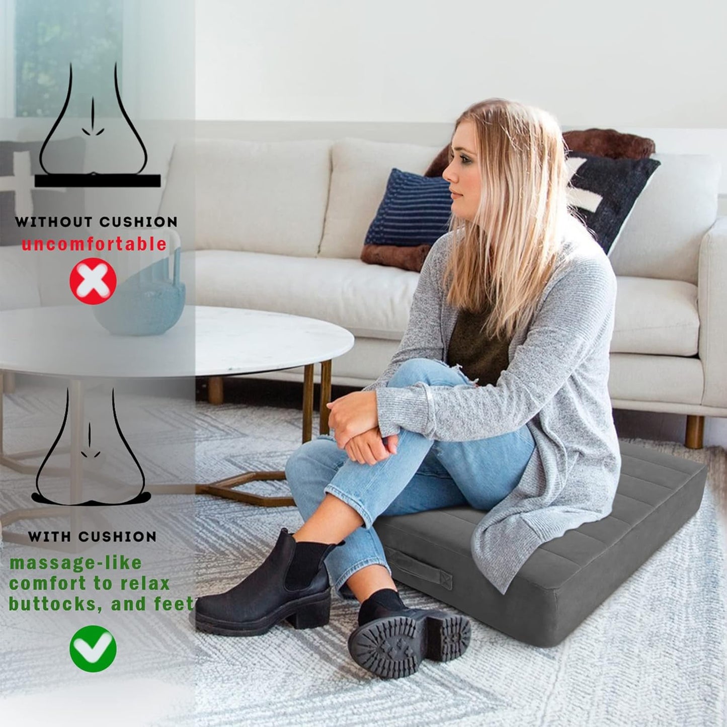 MeMoreCool Square Floor Pillow for Adults and Kids, Large Meditation Cushion with Thick Foam and Washable Tufted Cover, 24-Inch Grey Seat for Sitting and Yoga