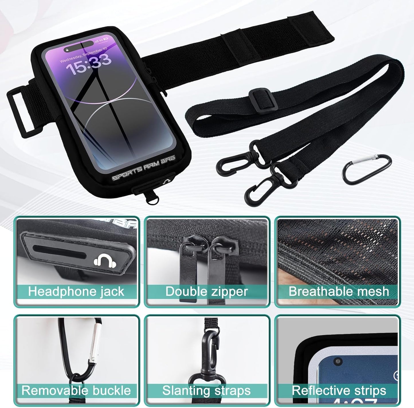 Phone Holder for Running, Running Armband Phone Holder with Carabiner, Phone Armbands for iPhone 16 15 14 13 12 11Pro Max & Galaxy S25/S24/S23, Cell Phone Armband Up to 6.8'' Phone (Black)