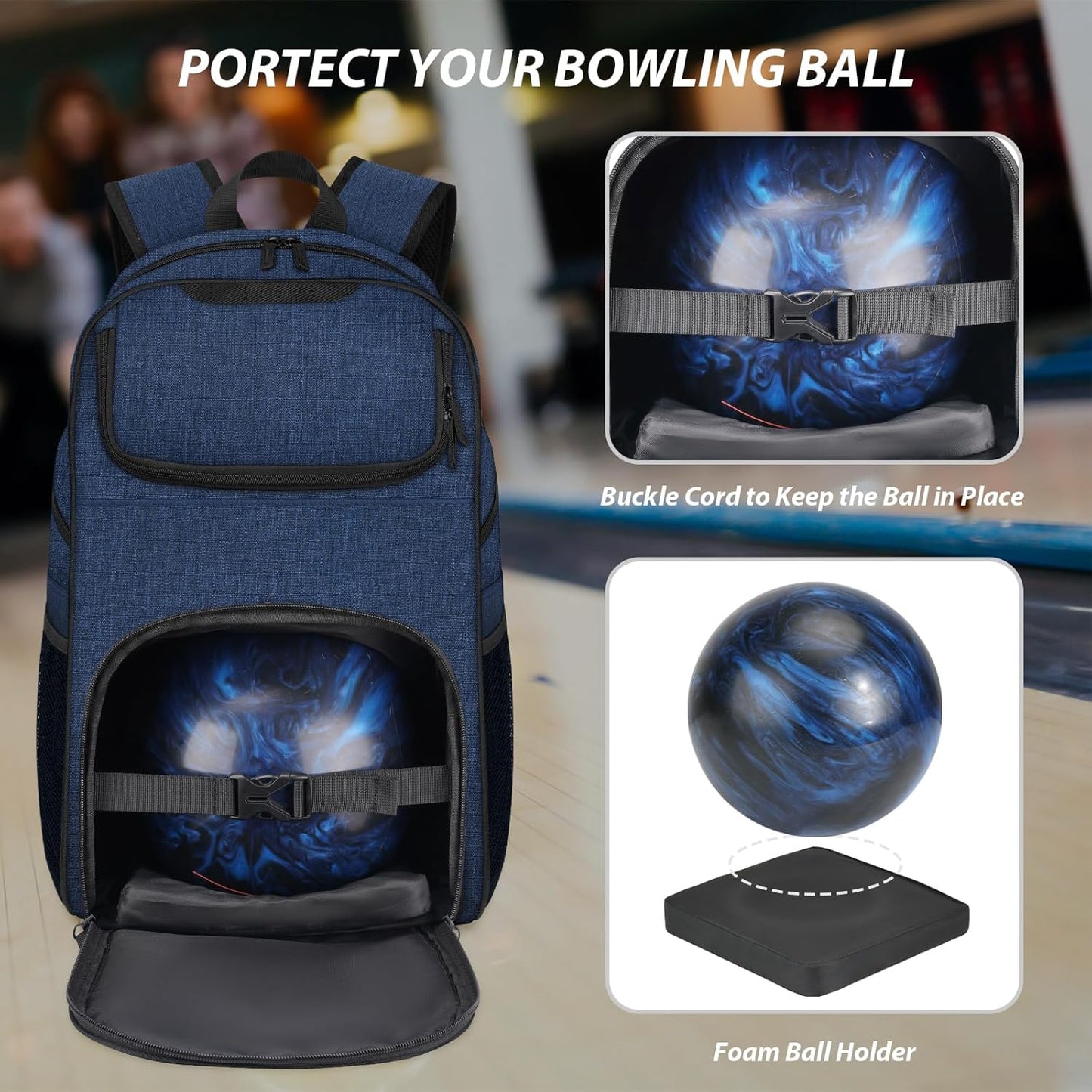 Bosynoy Bowling Backpack, Bowling Ball Bag Totes for Single Ball with Shoe Compartment & Foam Padded, Fits Shoes Up to US Mens Size 16, Grey