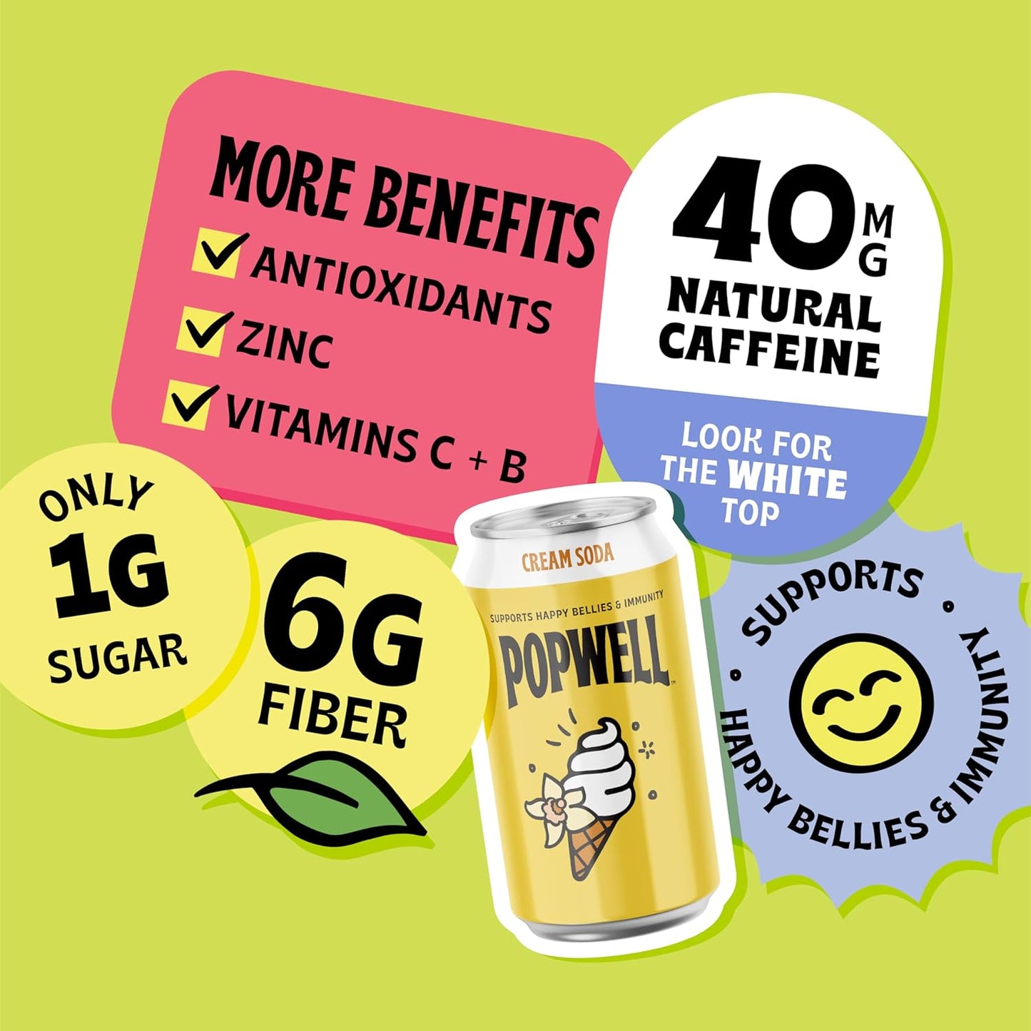Popwell Cream Soda Caffeinated Better-For-You Prebiotic Soda, with 6g Fiber, 1g Sugar, Vitamins and Immunity Support, 12 fl oz Cans (pack of 12)