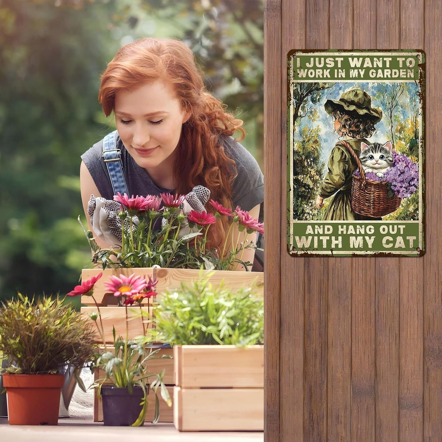 Garden Sign I Just Want To Work In My Garden and Hang Out With My Cat Vintage Metal Tin Sign Retro for Home Patio Backyard 12 * 8inch