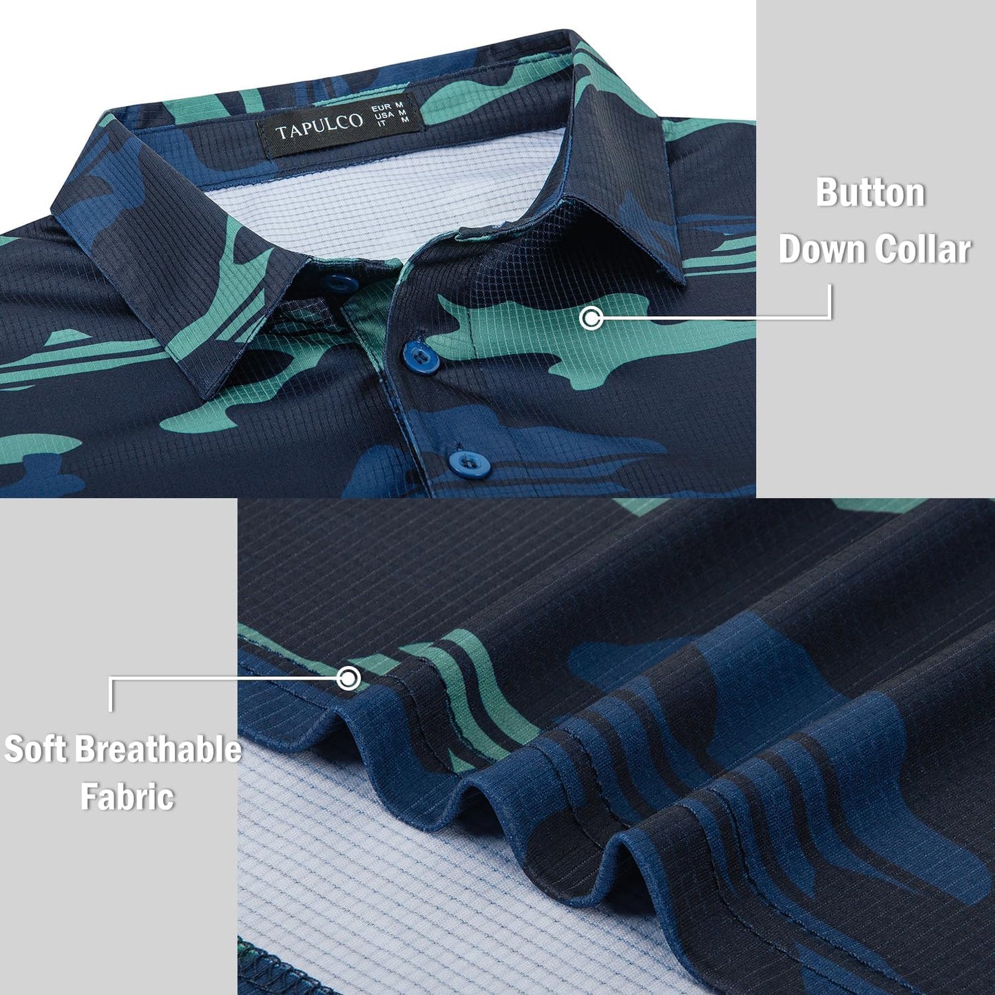 TAPULCO Mens Quick Dry Polo Shirts Camouflage Pattern Performance Athletic Lightweight Breathable Casual Golf Tshirts