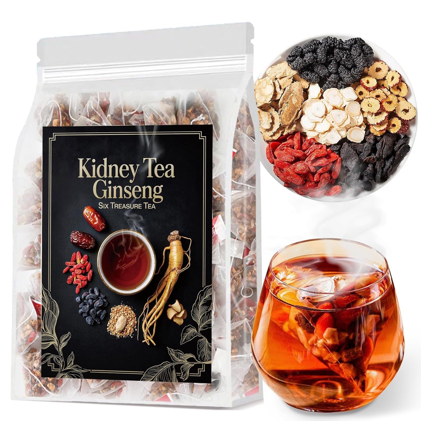 Ginseng Six Treasure Tea - Traditional Kidney Tea for Men & Women, Natural Herbal Formula Bags with 6 Precious Ingredients, Gift for Spouses, Wellness Seekers, Fitness Lovers(1 Pack/25 Bags)