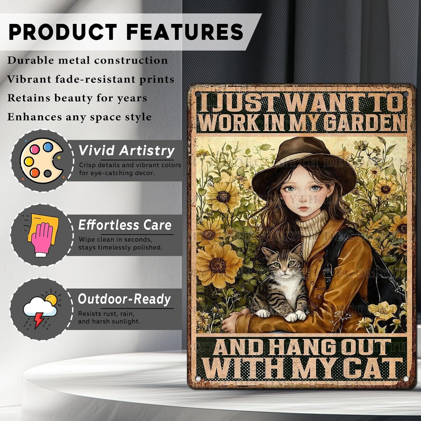 Cat Garden Vintage Tin Sign I Just Want To Work In My Garden and Hang Out With My Cat Retro Metal Tin Sign Sunflower Decor for Home Fence Porch Room Wall Decor Poster 12 * 16inch
