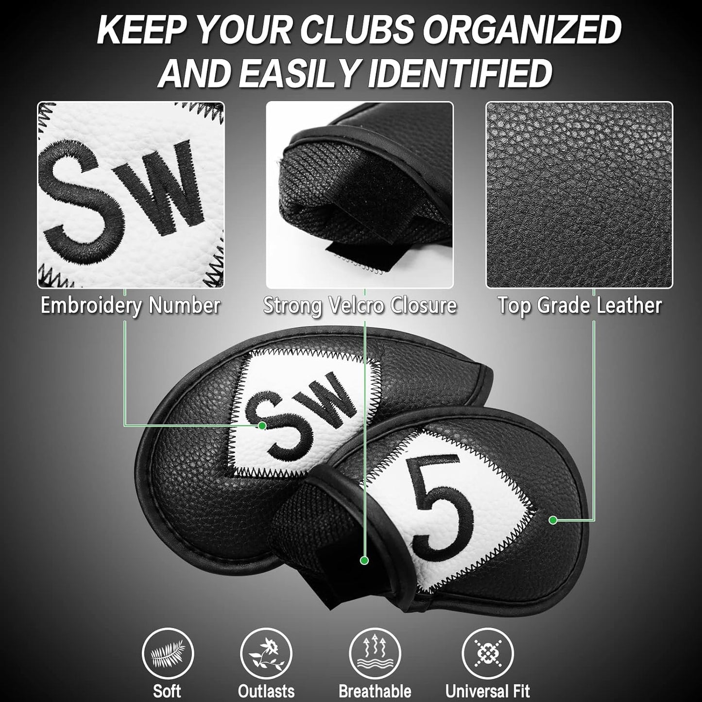 FINGER TEN Premium Synthetic Leather Stylish Iron & Wedge Golf Head Covers Value 12 Piece Set, Embroidered Labels & Fits Most Clubs Gift Set, Travel Protection Accessories