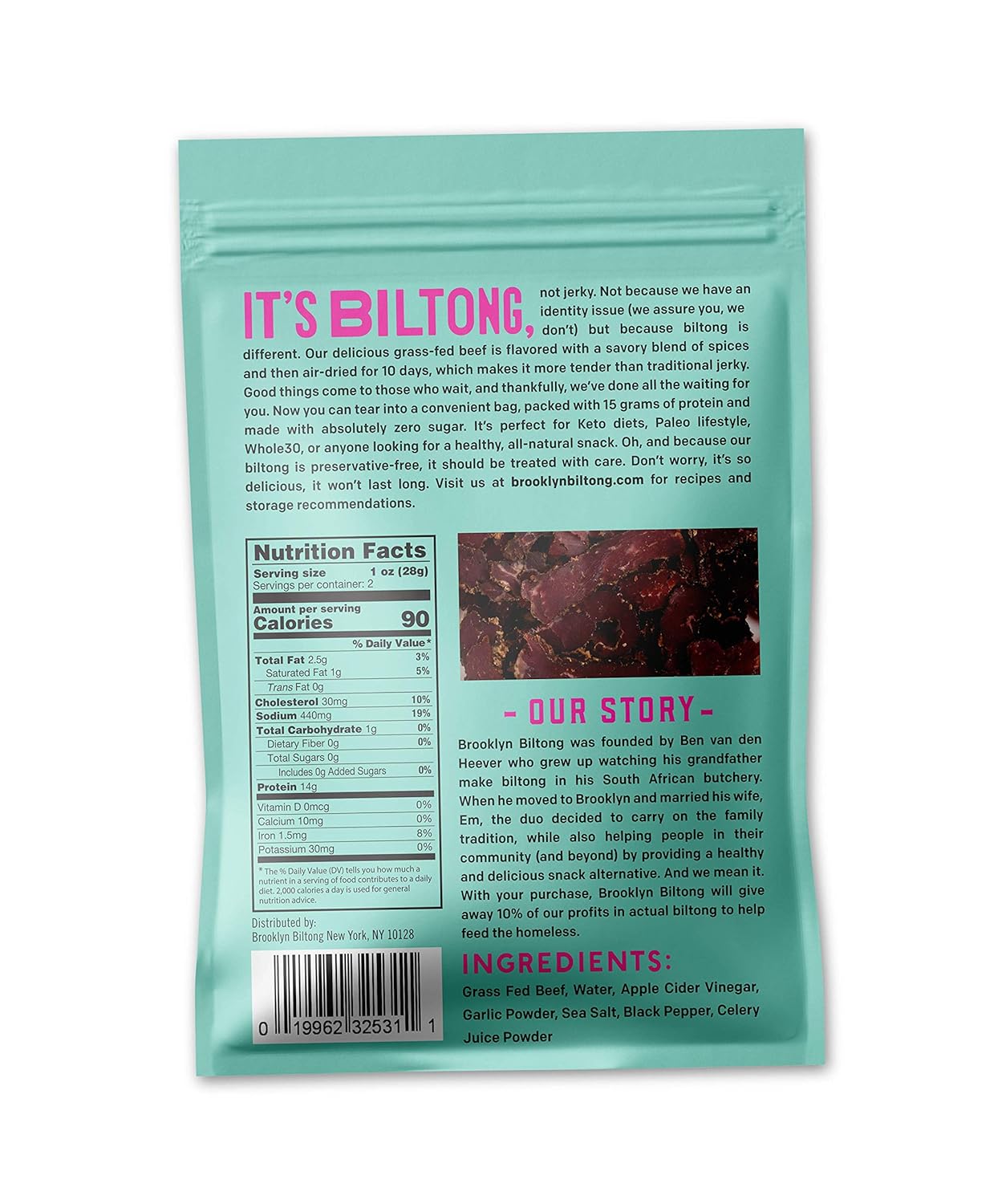 Brooklyn Biltong - Air Dried Grass Fed Beef Snack, South African Beef Jerky - Whole30 Approved, Paleo, Keto, Gluten Free, Sugar Free, Made in USA - 2 oz (Steakhouse)