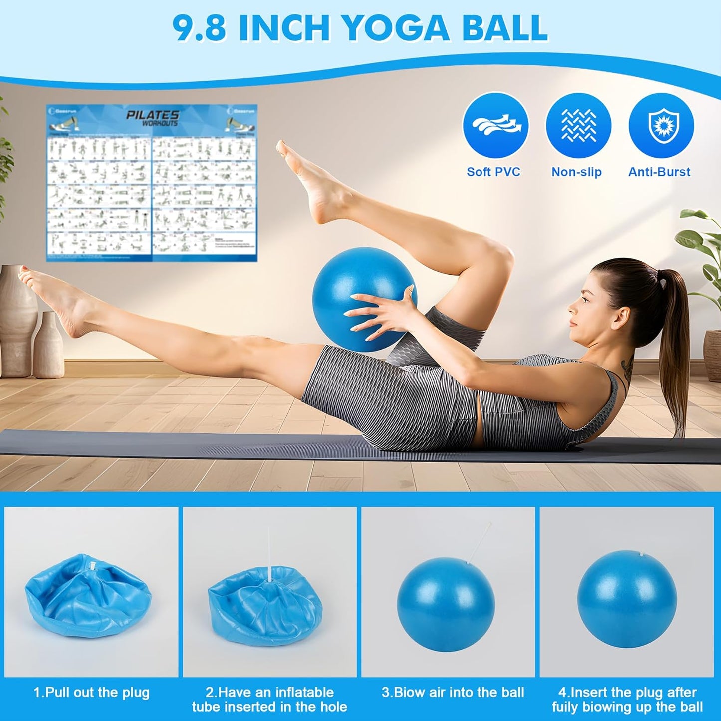 Pilates Ring Set Exercise Equipment with Exercise Bands Resistance Bands Set, Pilates Ball, Sliding Disks – Workout Equipment Home Gym Includes Complete Fitness Poster