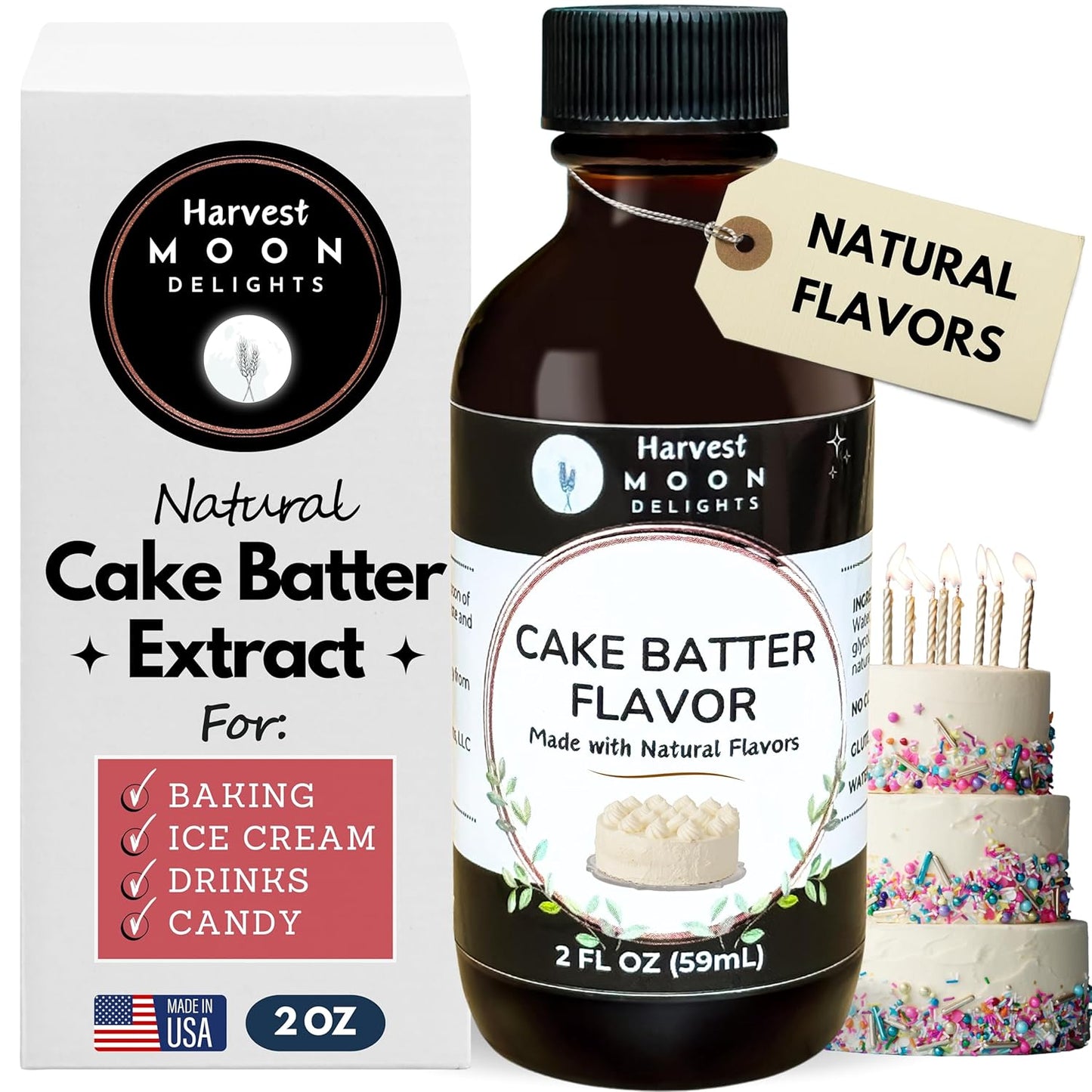 Natural Cake Batter Extract - 2 oz - Water-Soluble - By Harvest Moon Delights - Cake Batter Extract for Baking, Ice Cream, Drinks, and Candy - Flavoring, Sugar Free
