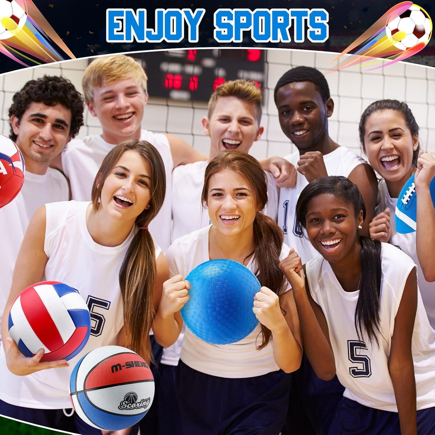 6 Pcs Multi Sport Ball Set Official Size Football, Basketball, Soccer, Volleyball, Playground Ball, Baseball with Equipment Bag Pump for Teen Adult Sport Gift Back to School