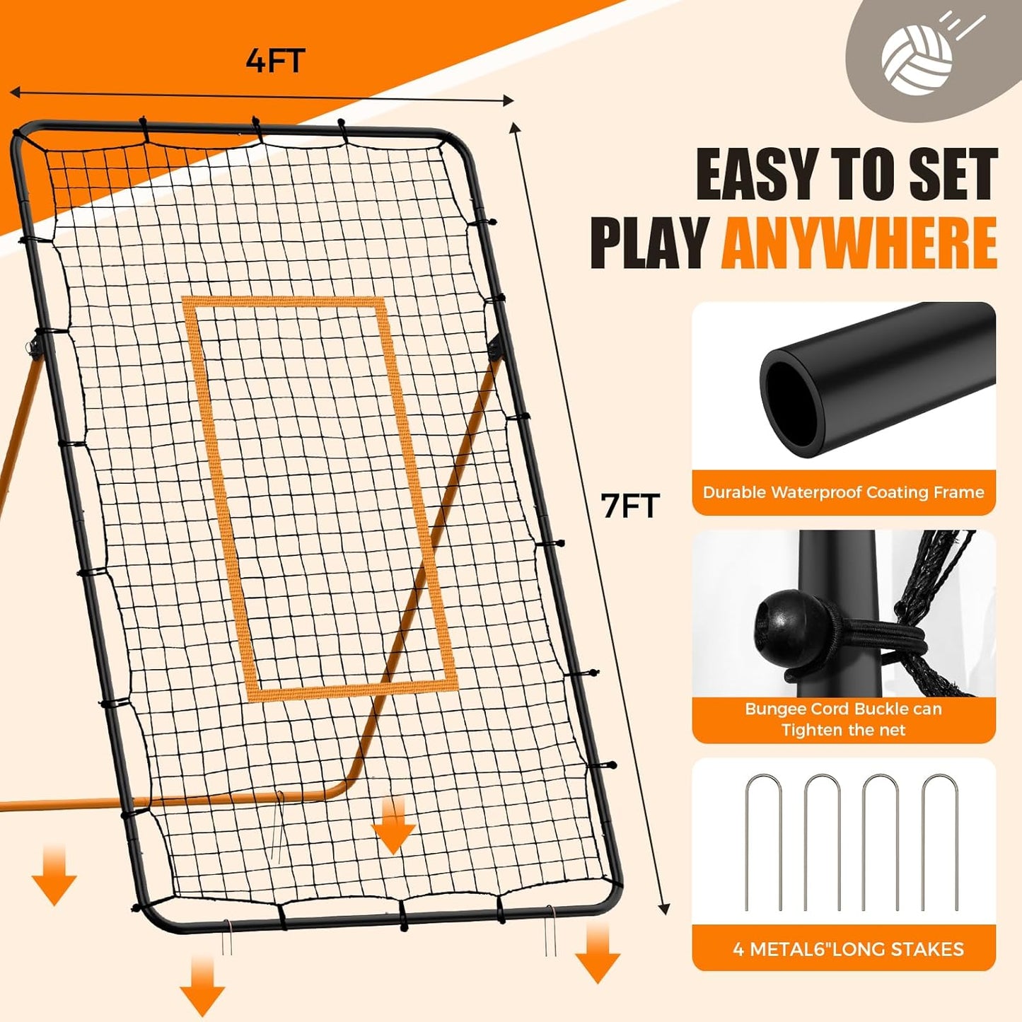 Volleyball Rebounder Net，Portable 7x4 ft Training Equipment for Spike and Smash Practice - 5 Rebound Angles Custom Target Area for Volleyball Sports Training