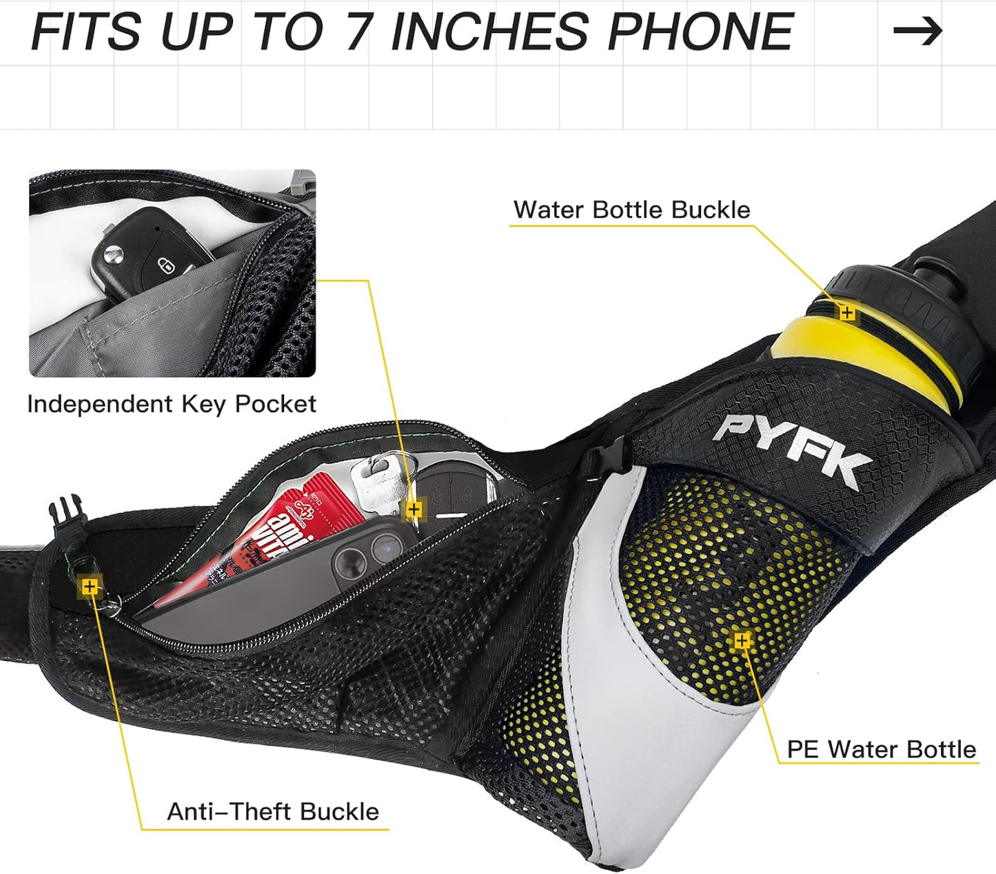 PYFK Running Belt Hydration Waist Pack with Water Bottle Holder for Men Women Waist Pouch Fanny Bag Reflective