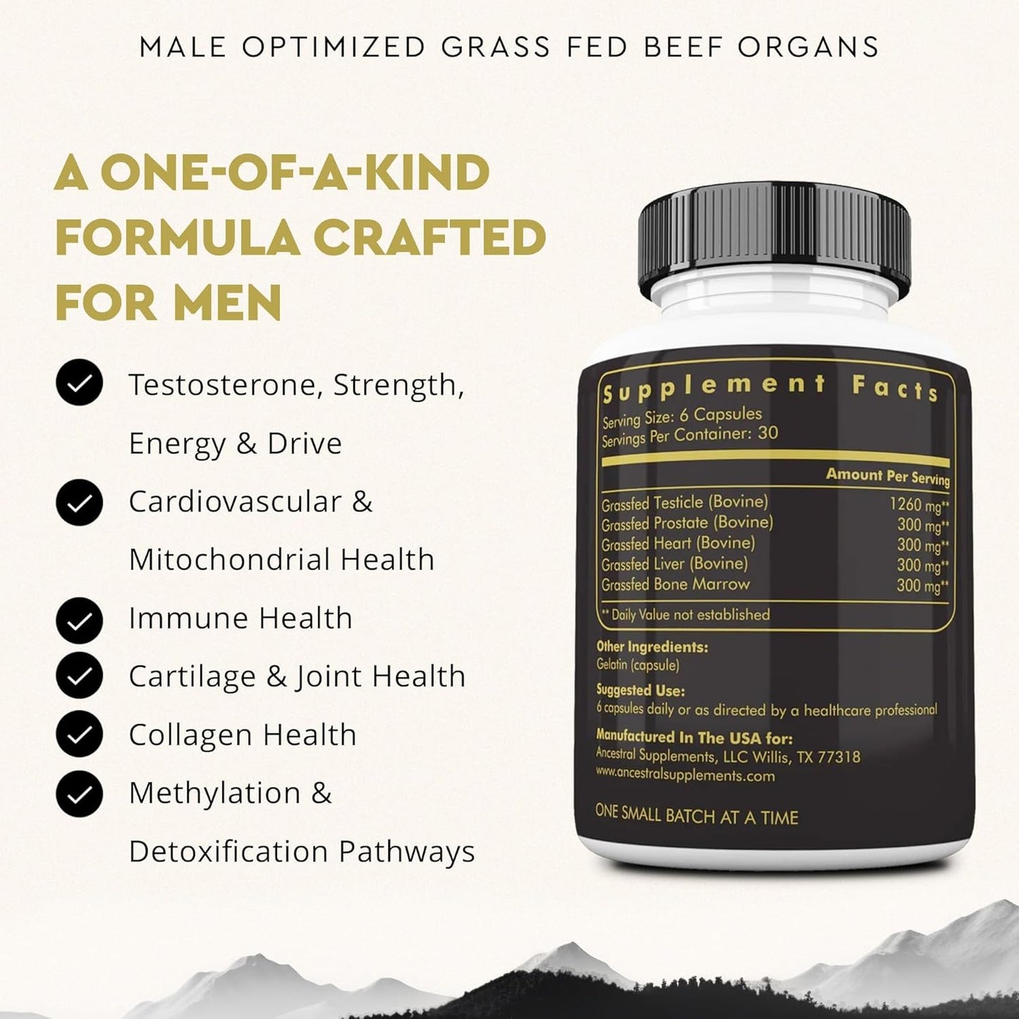 Ancestral Supplements Mofo, Supplements for Men, Support for Energy Levels and Overall Men's Health and Wellness, Non-GMO Grass Fed Beef Organ Supplement with Liver, No Fillers, 180 Capsules