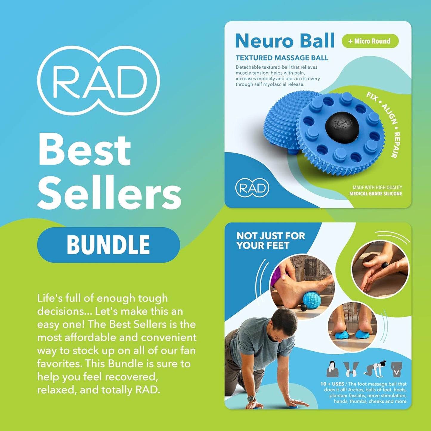 RAD All-in Complete Myofascial Release and Muscle Recovery Set - Includes Exercise Foam Rollers, Multi-Use Yoga Block, Peanut & Massage Balls, Neuro Ball Foot Roller, and Massage Stick