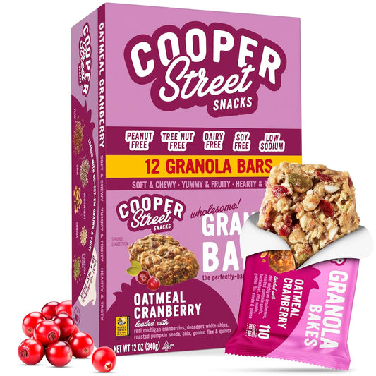 Cooper Street Oatmeal Cranberry Granola Bakes (12 pack) - Individually Wrapped Soft and Chewy Breakfast Granola Bars - Nut, Dairy & Soy Free - Great As Kids Snacks For School, Hiking Or Lunchbreak