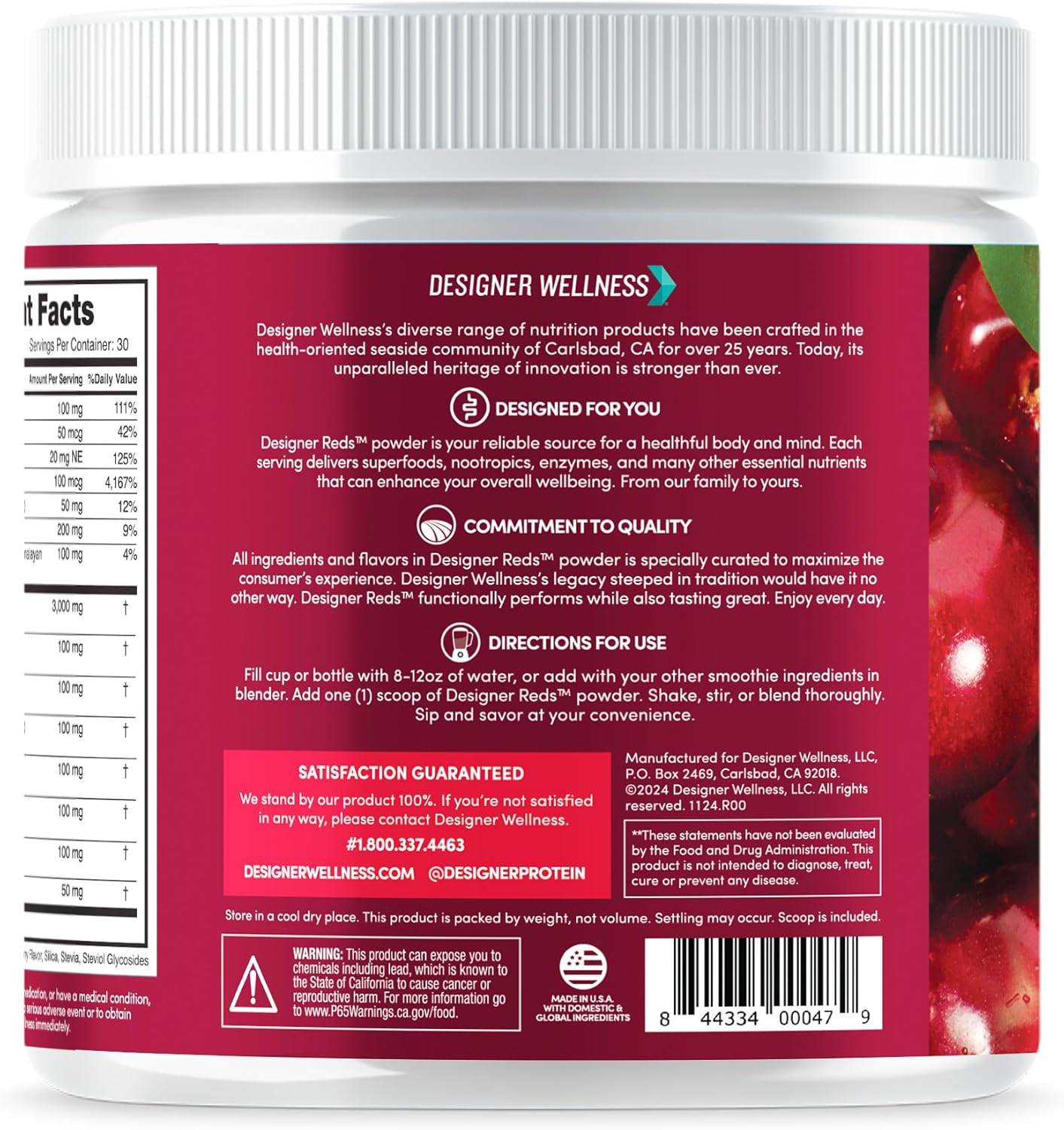 Designer Wellness, Designer Reds, Daily Superfood Powder with Beet Root, Support for Energy, Stress, Immune Health, Heart Health, and Digestive Health, Cherry Berry, 30 Servings