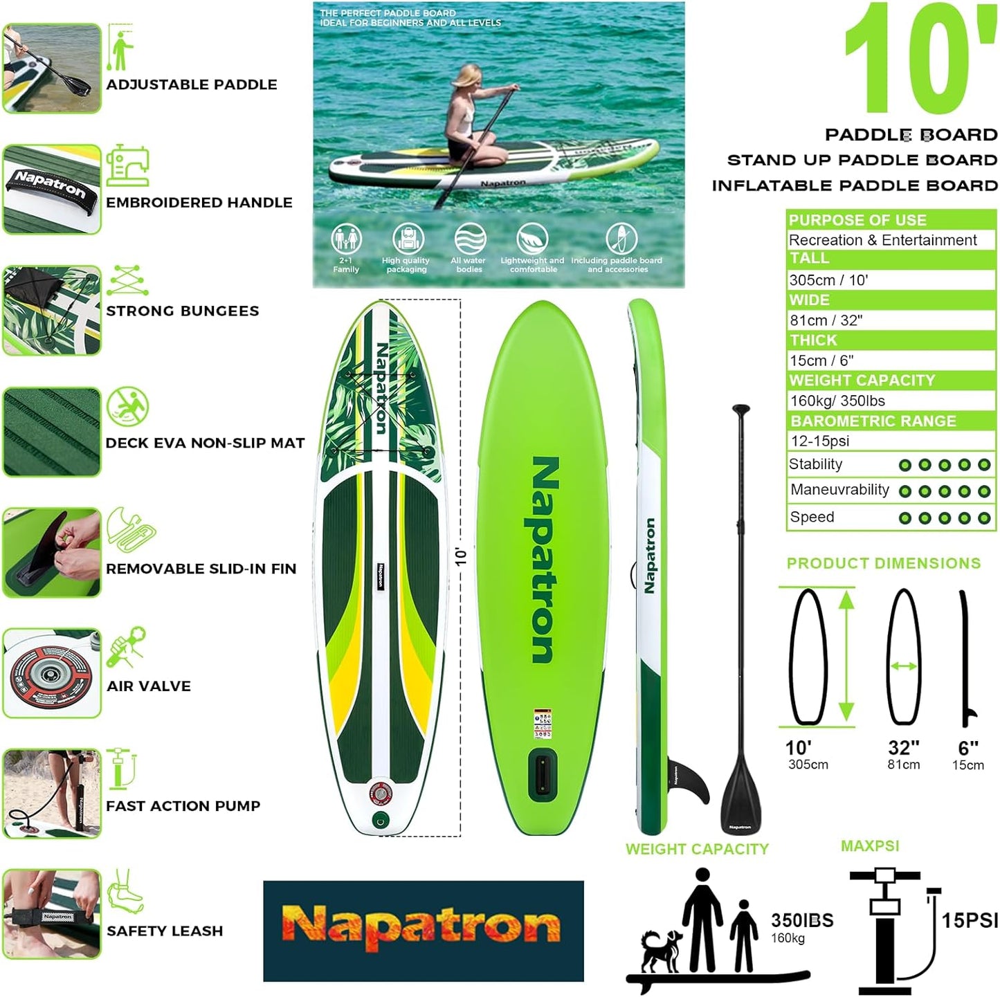 Napatron Family Inflatable Stand Up Paddle Board, Sup,Stable Wide Design,350LBS Capacity,Complete Paddle Board Package with Fast Action Pump,Leash,Ideal for Beginners/Youth & AllSkill Levels