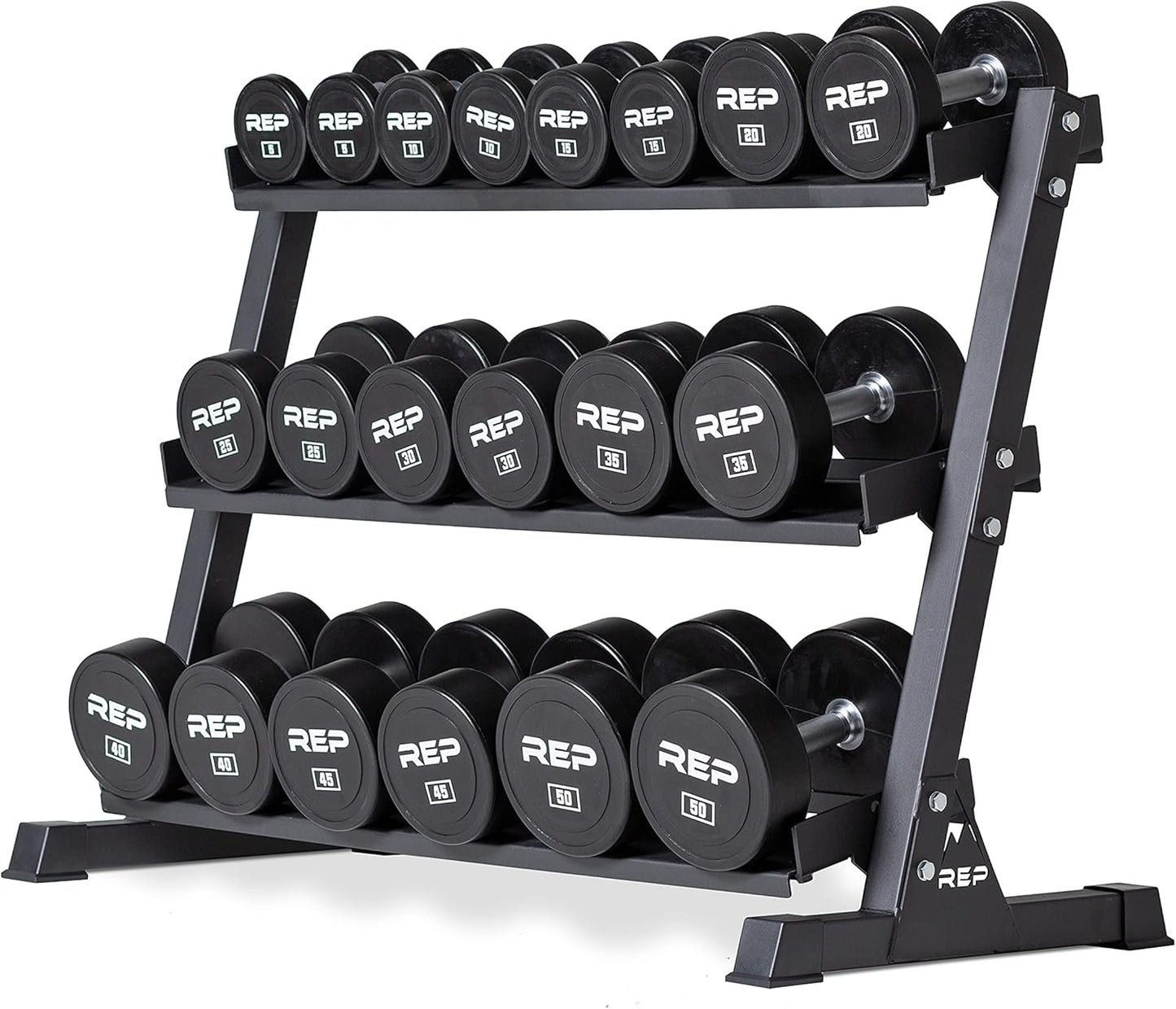 REP Fitness Urethane Coated Round Dumbbells, 5 to 100 lbs, Singles or Pairs, With or Without Rack, Steel Core, Rubber Encased, Chrome Handles, Professional Weights for Home Gym Strength Training