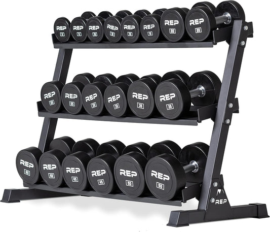 REP Fitness Urethane Coated Round Dumbbells, 5 to 100 lbs, Singles or Pairs, With or Without Rack, Steel Core, Rubber Encased, Chrome Handles, Professional Weights for Home Gym Strength Training