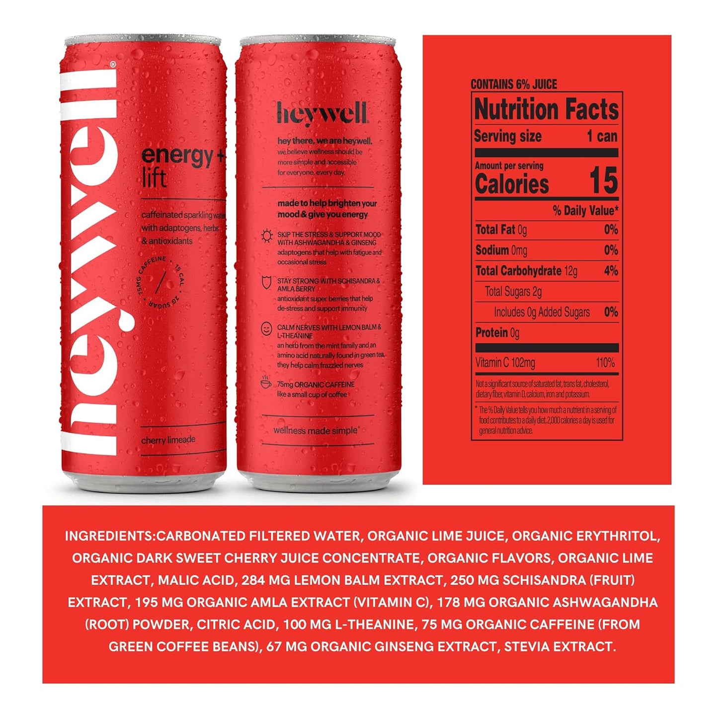 Heywell Sparkling Adaptogenic Water Energy and LIft, Cherry Limeade Flavor 12 Fluid Ounce (Pack of 12) - Caffeinated, Organic, Non GMO, Vegan, Gluten Free, Dairy Free