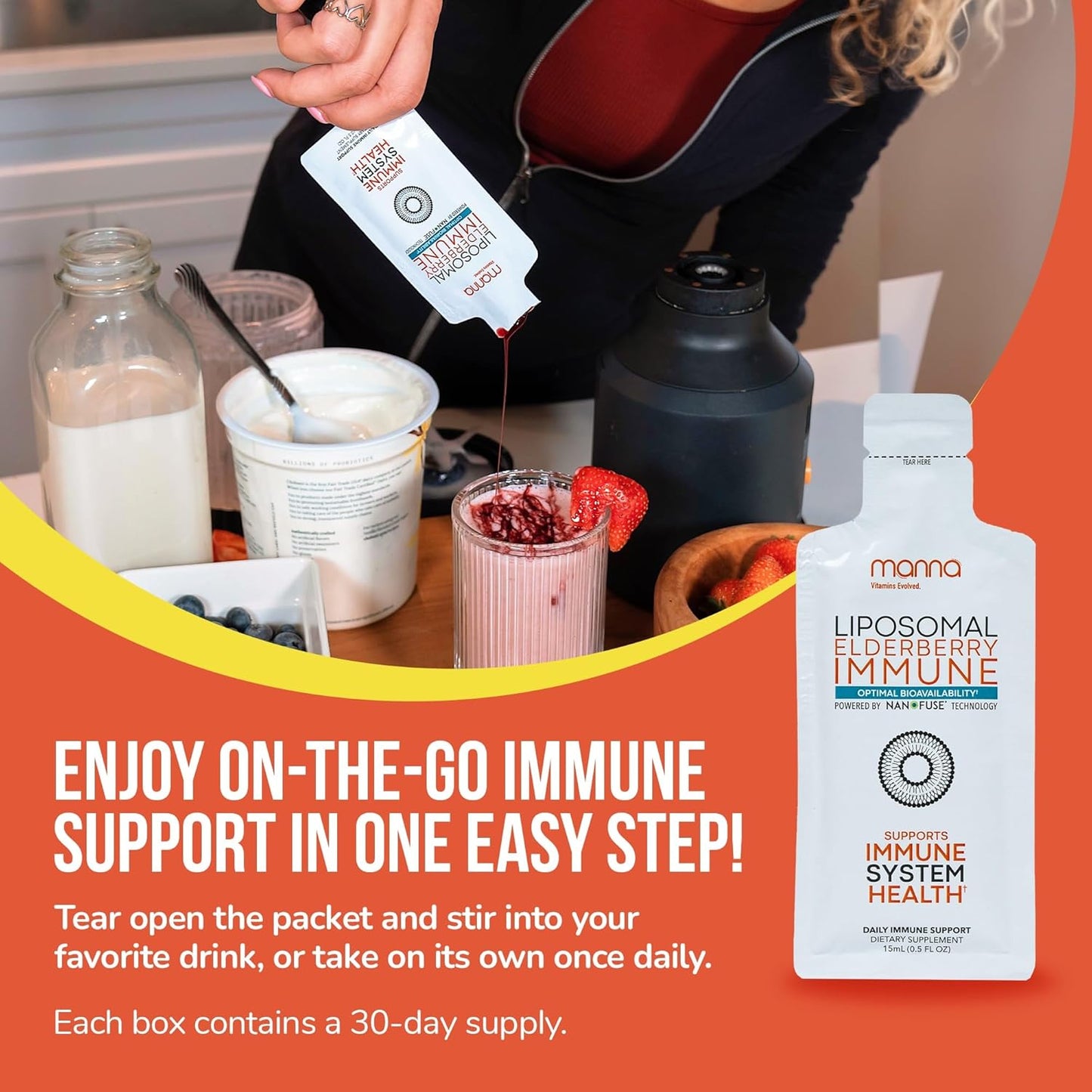 Manna Vitamins Evolved Liposomal Elderberry Immune Packets – Vitamins C, D, Zinc etc. - Daily Immune Support for Adults, Kids - Sugar Free, Real Elderberry Extract, Syrup, Travel-Friendly, 30 Pack