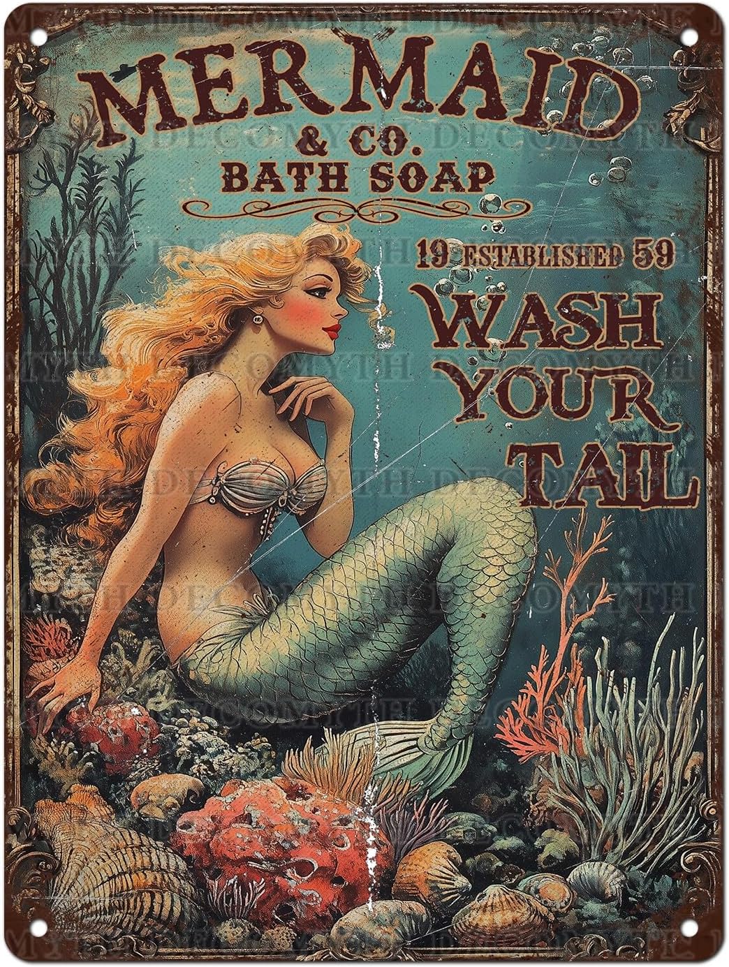 Retro Mermaid Tin Sign Wash Your Tail Vintage Metal Poster Funny Bath Soap Wall Art Toilet Bathroom Man Cave Bar Cafe Indoor Living Room Garage 12 * 16inch
