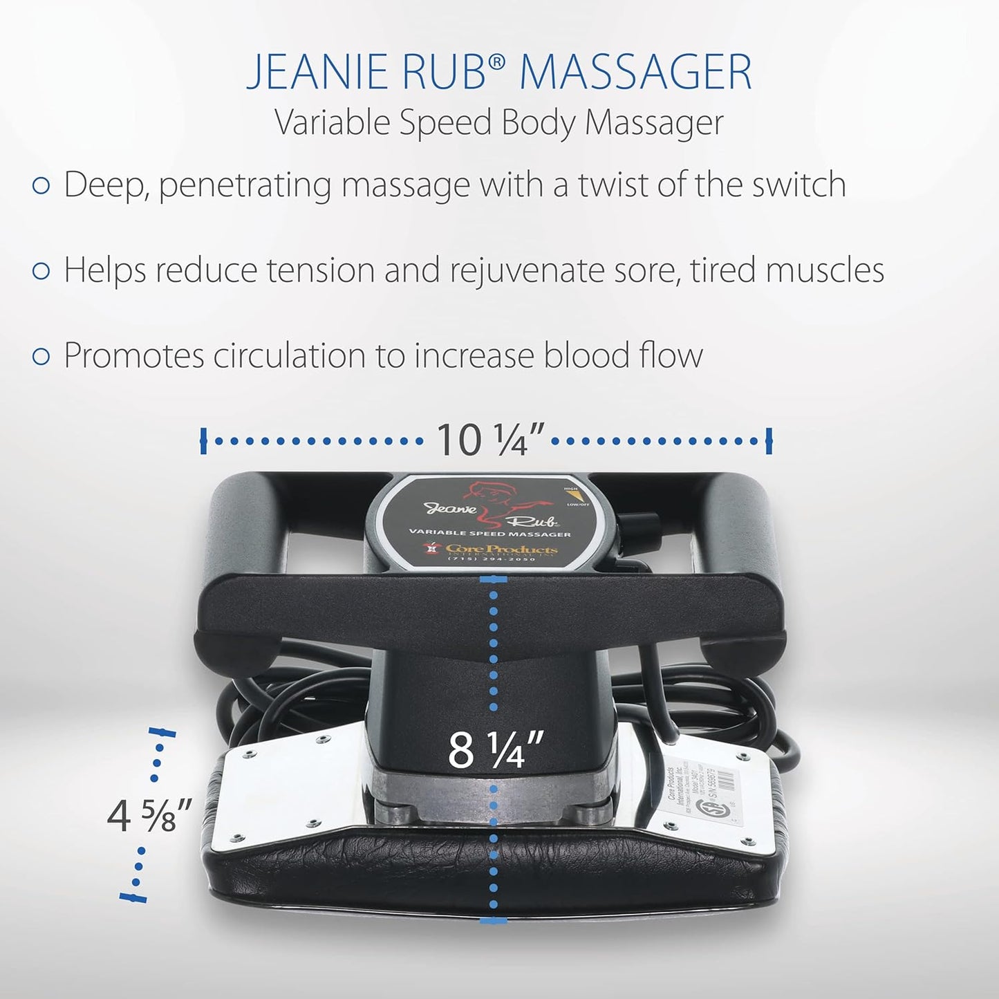 Core Products Jeanie Rub Massager Deluxe Package - Variable Speed Electric Massager for Deep Tissue Pain Relief, Full Body Massage, Back & Shoulder Massager w Fleece Pad Cover & Trigger Point