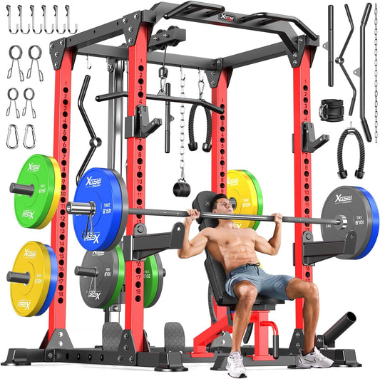 Power Cages Multi-Purpose Squat Rack with Cable Crossover System, Matching Weight Bench, Olympic Barbell Weight Set for Garage and Home Gyms