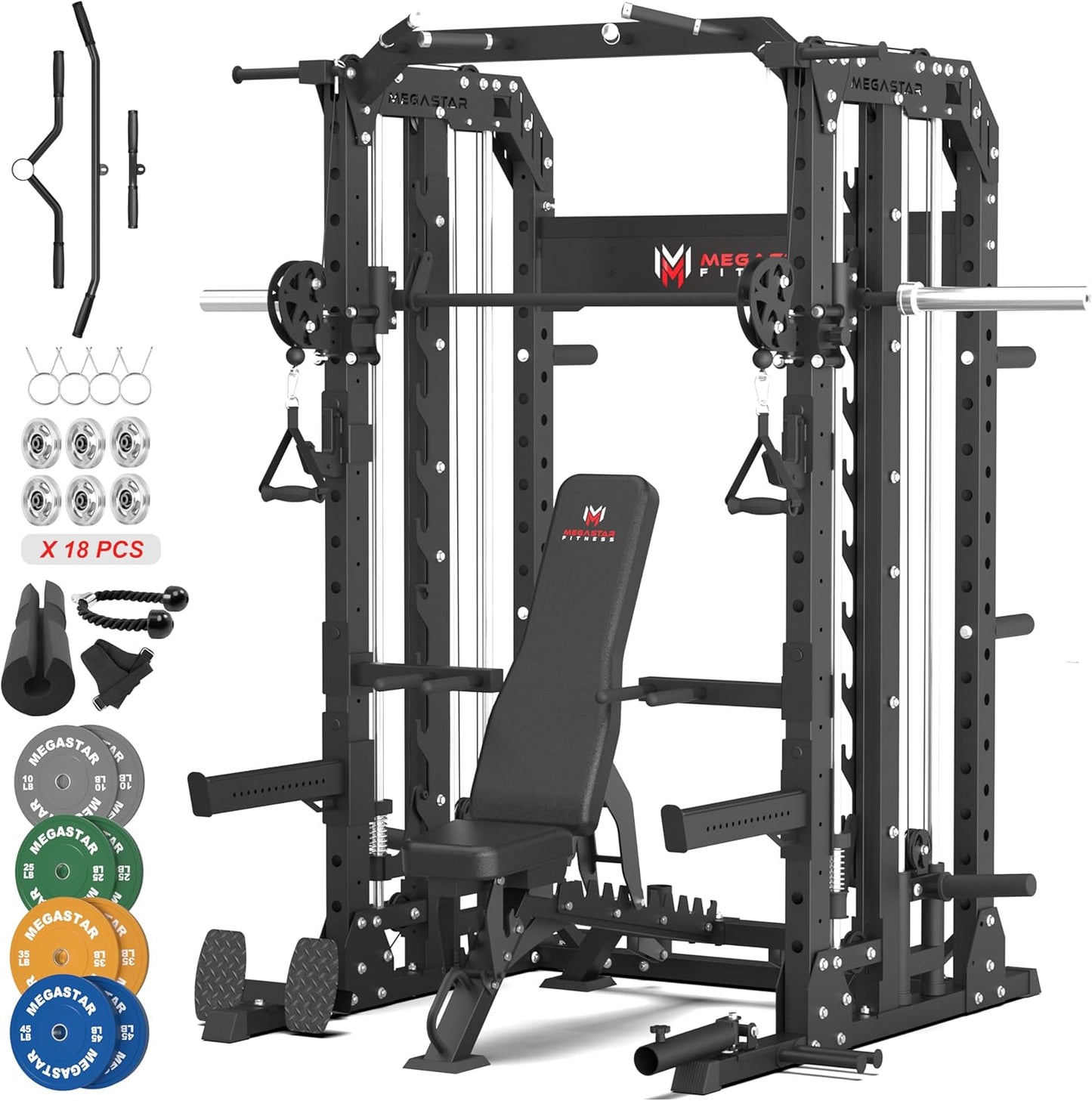 Smith Machine Home Gym with Aluminum Pulley Set - 2000lbs Capacity All-in-One Power Rack with Cable Crossover, Pull-Up Bar & Dip Station, Includes 18 Attachments, P107 Anvil