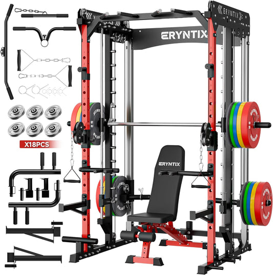 Smith Machine Power Rack | All-in-One Power Cage with Adjustable J-Hooks, Squat Rack for Home Gym, Cable Machine & Pull-Up Bar | Home and Garage Gym Equipment for Strength Training