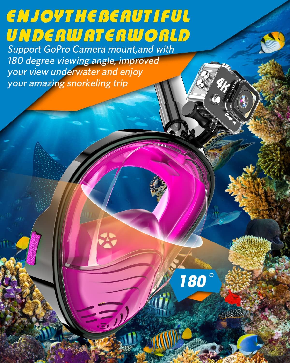 QingSong Full Face Snorkel Mask for Adults, Snorkeling Gear with Camera Mount, 180 Degree Panoramic View Snorkel Set Anti-Fog Anti-Leak