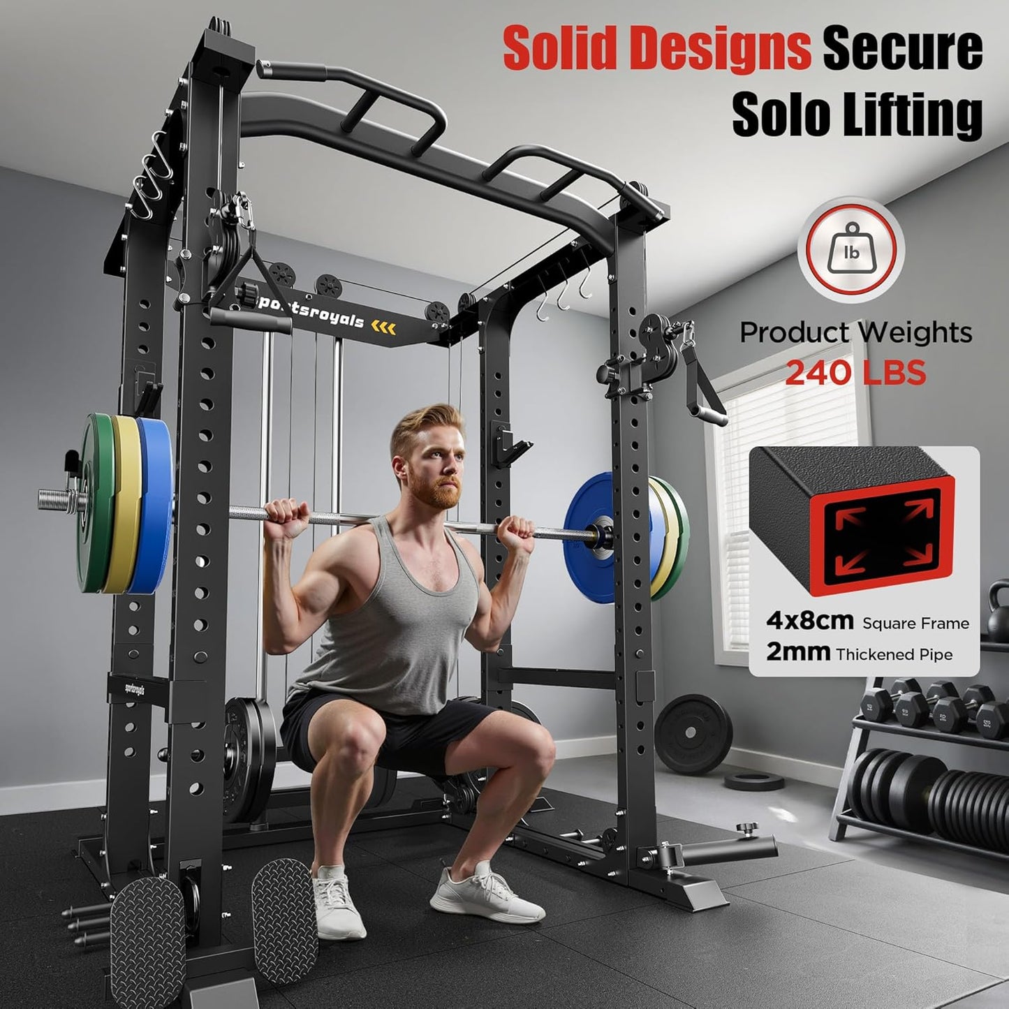 Sportsroyals Power Cage,1600lbs Multi-Function Power Rack with Adjustable Cable Crossover System and More Training Attachment, Weight Cage for Home Gym