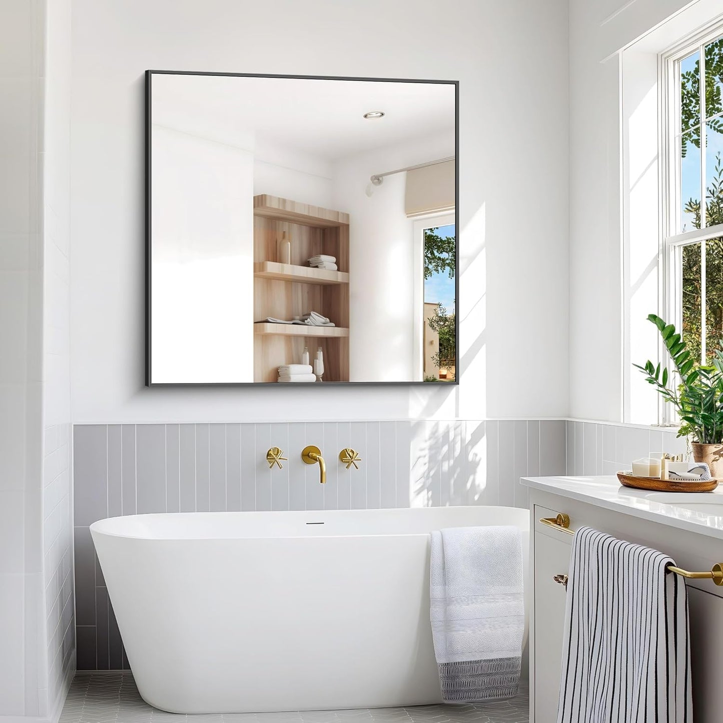 Bathroom Mirror,48x48 inch Large Wall Mirror for Bathroom Wall Mounted,Black Rectangle Wall Mirrors,Square Mirror for Living Room,Farmhouse, Bedroom Entryway, Horizontal/Vertical