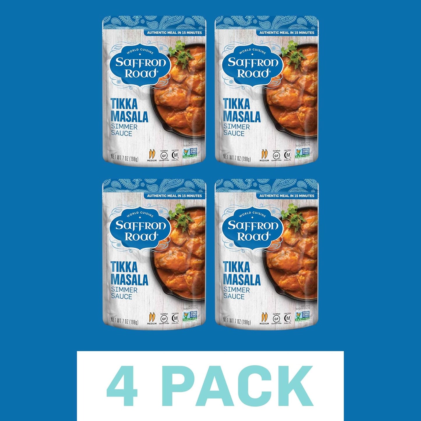 Saffron Road Tikka Masala Simmer Sauce | Globally Inspired Simmer Sauce | Gluten-free, Vegetarian, Non-GMO, and Certified Halal and Kosher | 7.0oz Pouch | Pack of 4