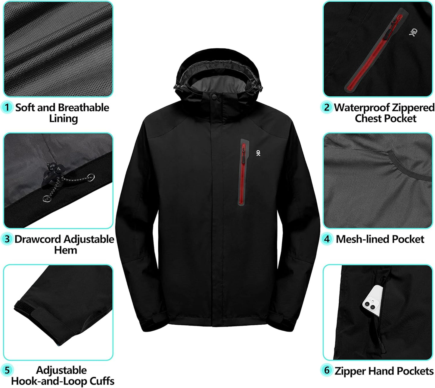 Little Donkey Andy Men's Waterproof Rain Jacket Outdoor Lightweight Hooded Raincoat for Hiking Golf Travel Fishing