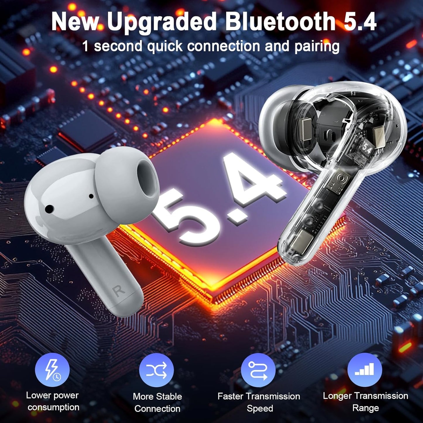Wireless Headphones, 2025 Bluetooth 5.4 Earbuds 3D Hi-Fi Stereo Bass Ear Buds, 4 ENC Noise Cancelling Mic, 40H in-Ear Earphone Sport, IP-X7 Waterproof Workout Gym for Android iOS Laptop Pad