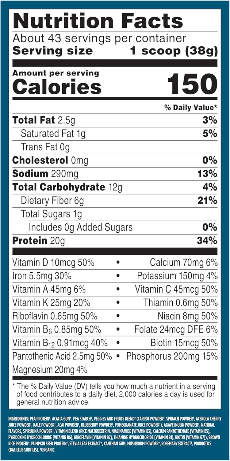 Vega All in One Nutrition Organic - 20g Plant-Based Pea Protein, French Vanilla, 43 Servings, Vitamins A & C, Probiotics, Greens, Vegan, Keto, Gluten Free, 3.63lbs (Packaging May Vary)