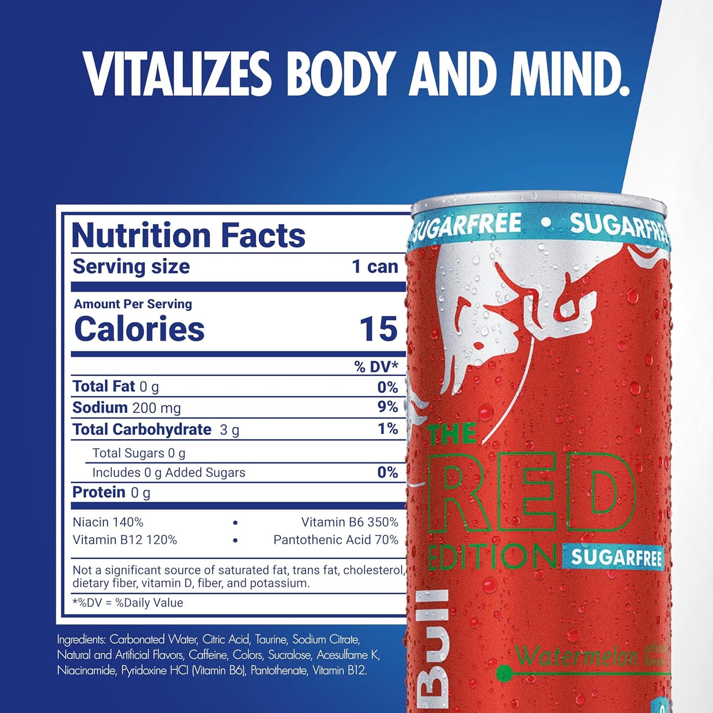 Red Bull Red Edition Sugar Free Energy Drink, Watermelon, with 114mg Caffeine plus Taurine & B Vitamins, 12 Fl Oz, Pack of 24 Cans