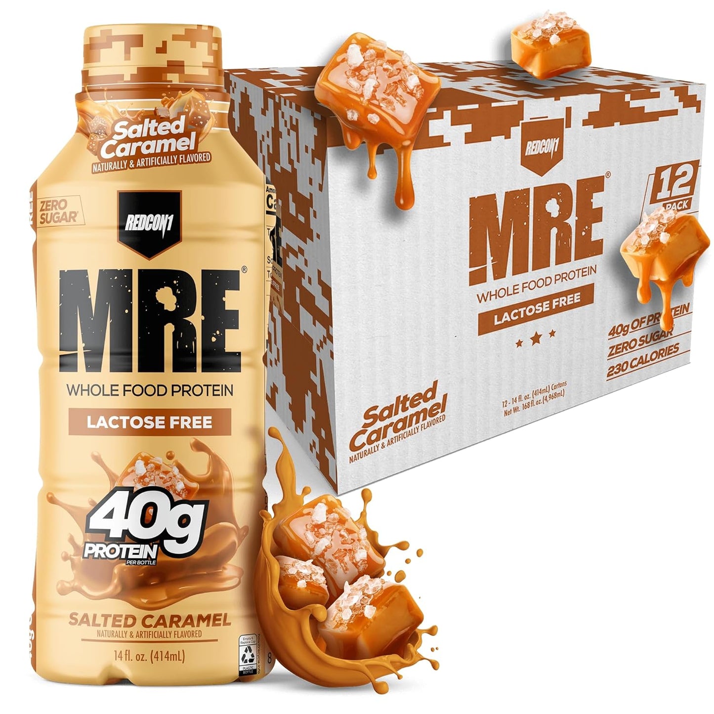 REDCON1 MRE Ready to Drink Protein Shake, Salted Caramel - Lactose + Whey Free RTD 40gr Protein Made with Real Whole Food Protein Blends - Keto-Friendly, Easy to Digest Nutritional Shake (12 Pack)