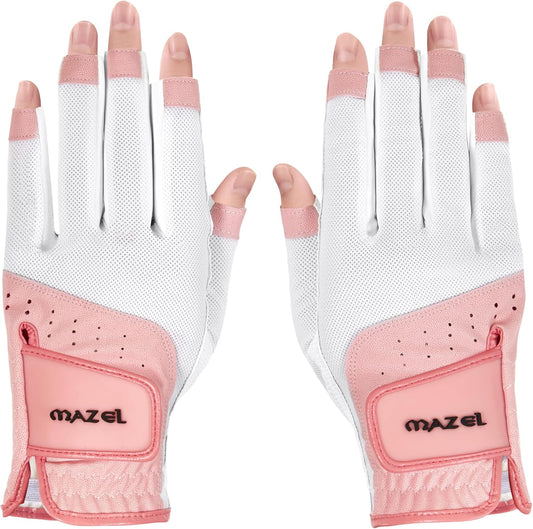 MAZEL Women's Fingerless Golf Gloves One Pair Open-Finger Design,Breathable Hot Wet Weather Sweat-Absorbing,Fit Size S M L XL