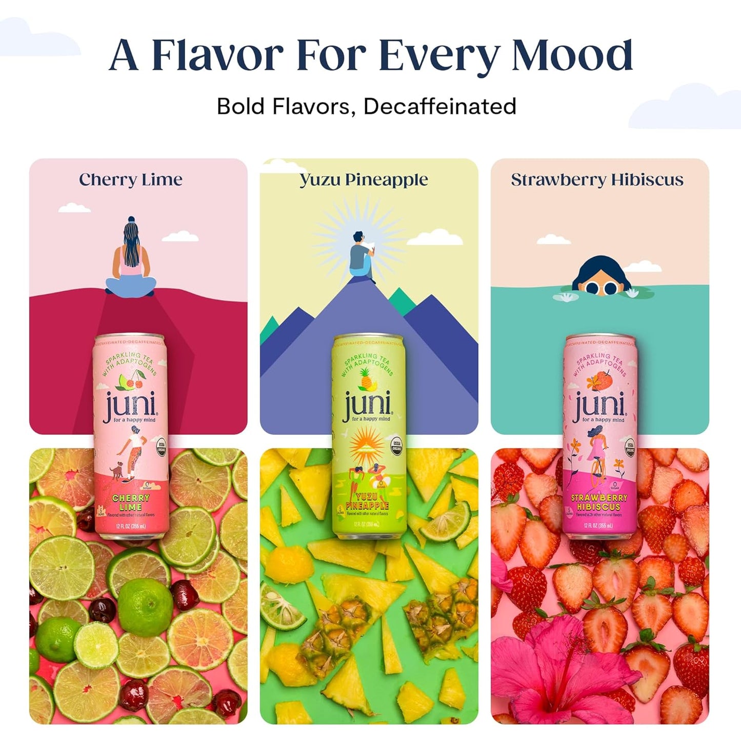 Juni Sparkling Adaptogen Drink with Ashwagandha, Lion’s Mane & Reishi Mushrooms | Green Tea for Focus, Zero Sugar, 5 Calories | Decaffeinated, Non Alcoholic Drinks - Cherry Lime 12 pack