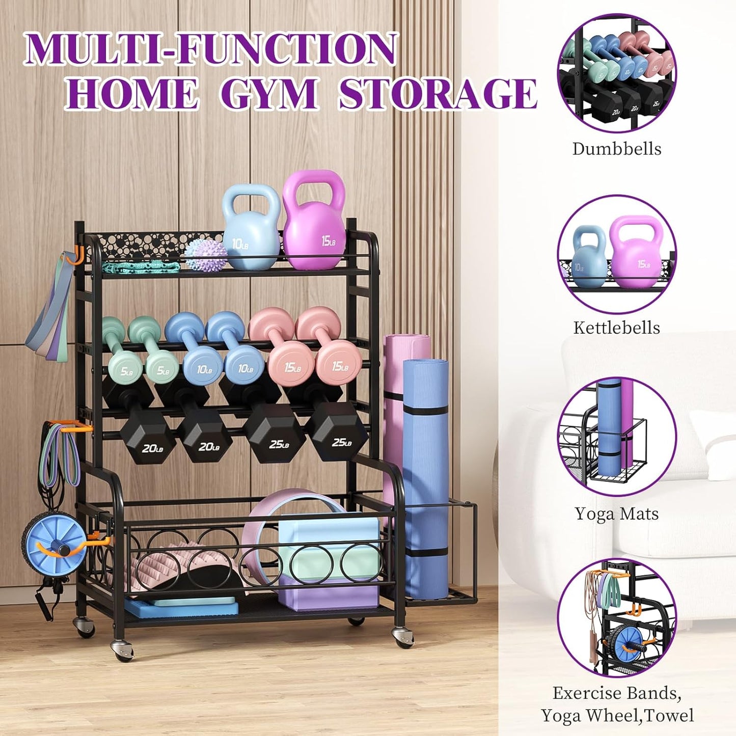 Dumbbell Rack, VOPEAK Weight Rack for Home Gym, Home Gym Storage Rack for Yoga Mat Kettlebells and Strength Training Equipment, Weight Storage Rack for Dumbbells with Wheels