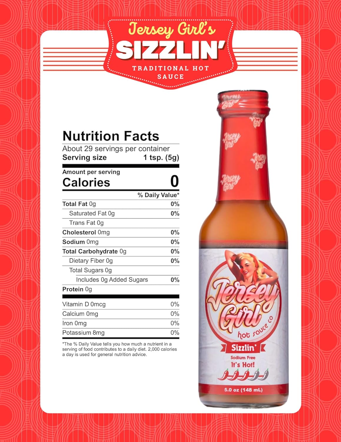 Jersey Girl Sizzlin' No Sodium/Salt Free Hot Sauce - Made with Scorpion & Ghost Pepper 5oz (Spicy) All Natural Ingredients