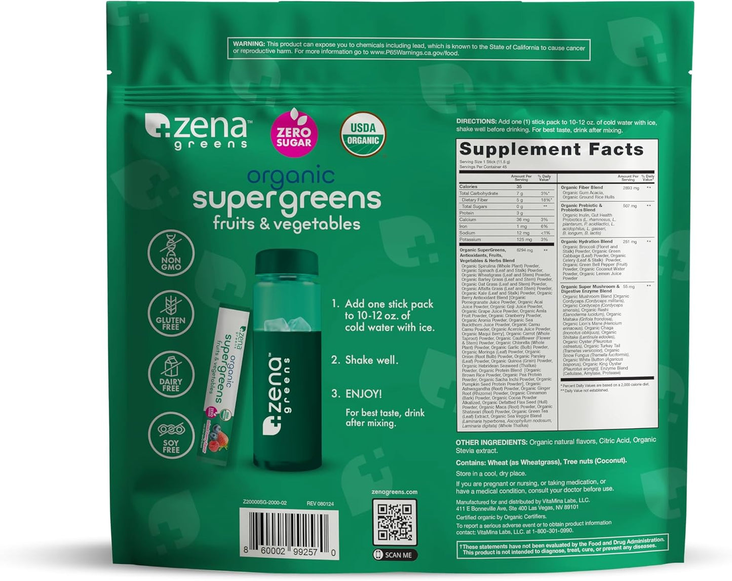 Zena Nutrition Organic Super Greens Powder, 70+ Superfoods, 0 Sugar, 5G Fiber, Spirulina, Chlorella, Antioxidants, Prebiotics/Probiotics, Digestive Enzymes, Mixed Berry, 45 Drink Mix Packets