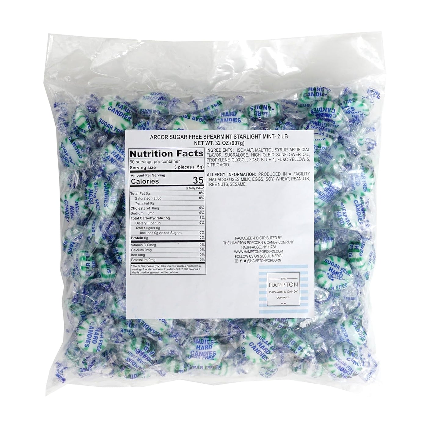 Arcor Sugar Free Spearmint Starlight Mints, 2 Pound Bulk Bag (Approx 140 Pieces), Individually Wrapped Hard Candy, The Hampton Popcorn & Candy Company