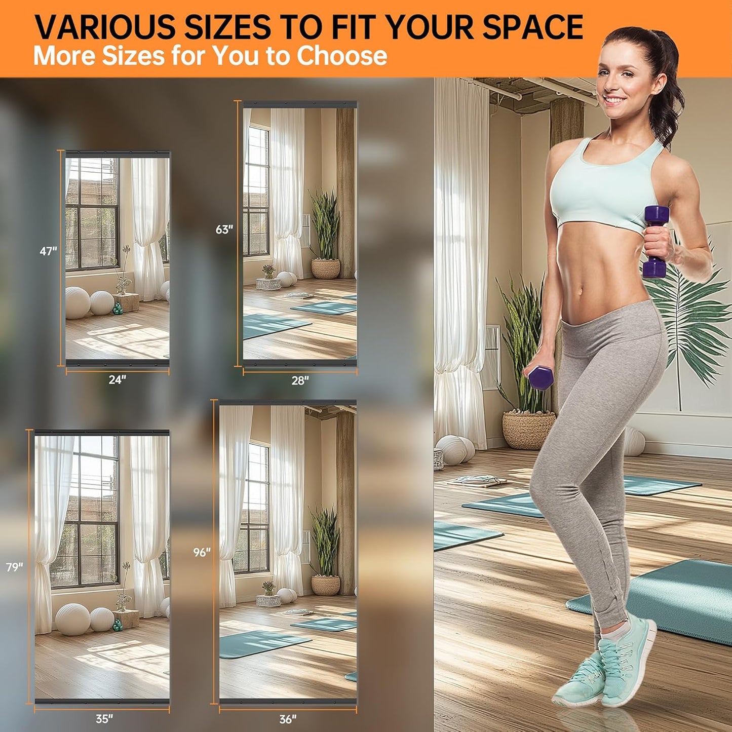 Hasipu 2 Pcs 48''x30'' Home Gym Mirror Large Full Length Wall Mounted Full Body Mirror for Yoga Dance Fitness Exercise Studio Bedroom Garage, Frameless Tempered Glass Workout Mirrors Black Rectangular