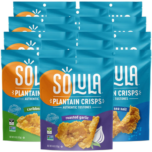 Solula Plantain Crisps Authentic Tostones, Variety Pack, 4 Ounce (Pack of 12), Pacific Sea Salt, Roasted Garlic and Caribbean Lime, Kettle Cooked Chips, Gluten Free, Paleo Friendly, Grain Free, Vegan