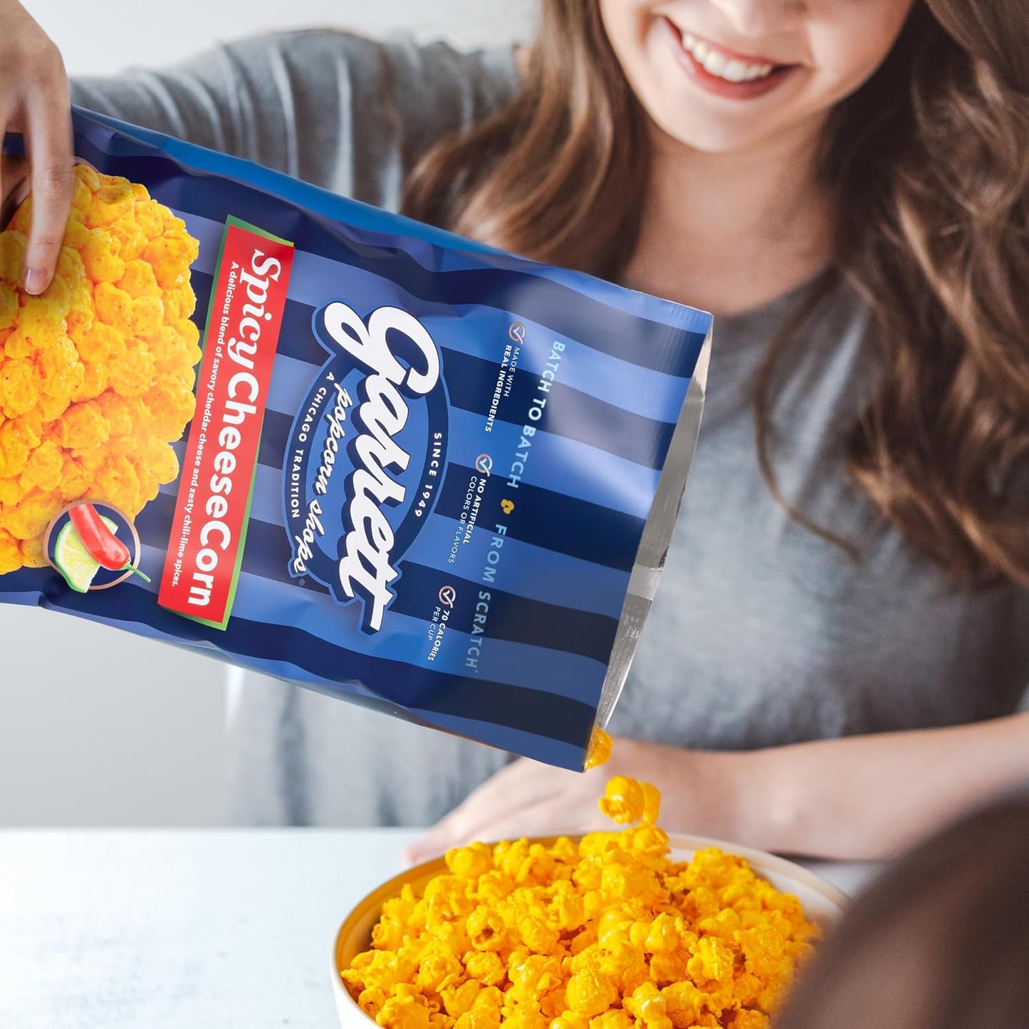 Garrett Popcorn Spicy CheeseCorn, 5.0oz, 4 Bags, Spicy Cheddar Popcorn, Gluten Free, Bold Snack, Popped Popcorn Bags