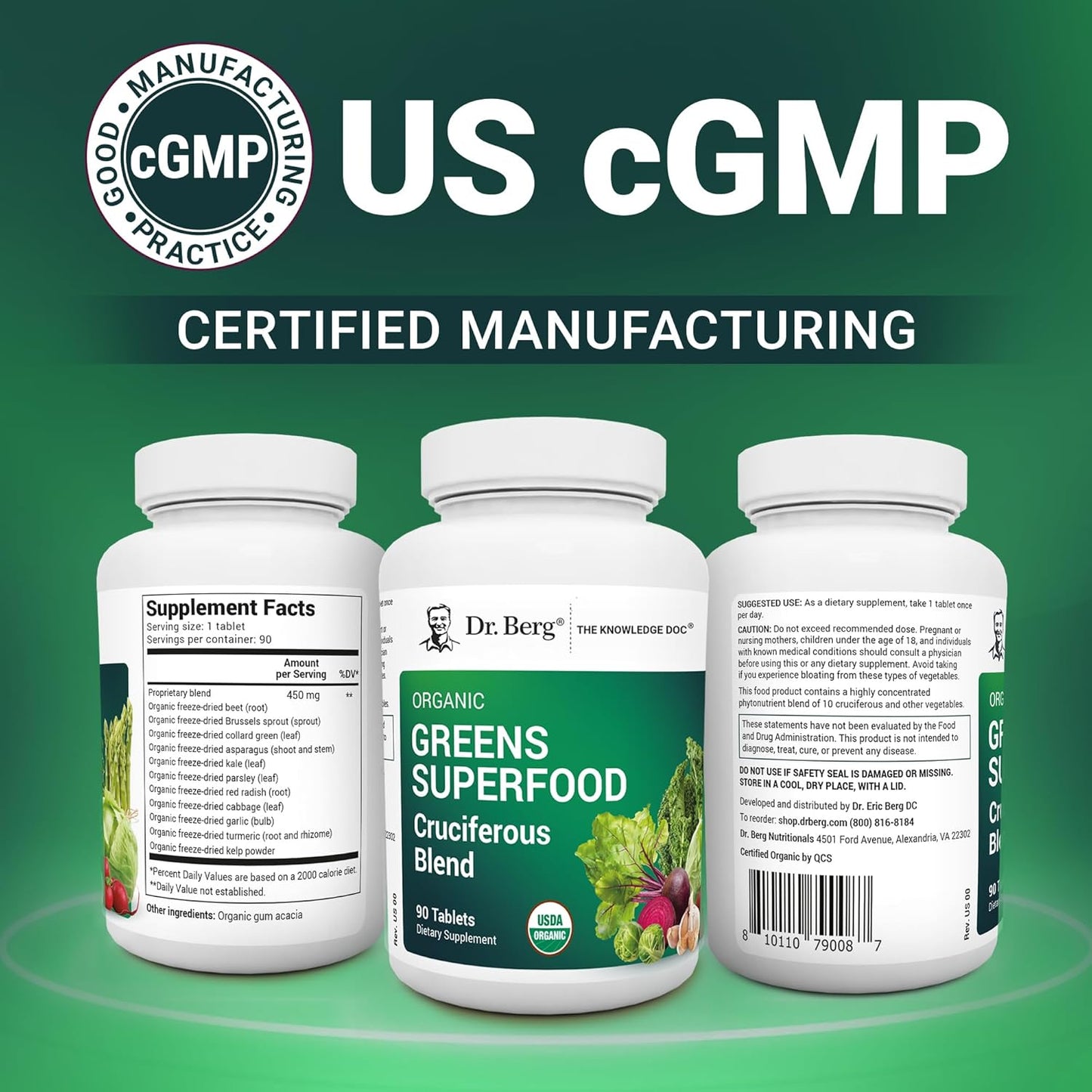 Dr. Berg's Greens Superfood Cruciferous Vegetable Tablets - Vegetable Supplements for Adults w/ 11 Phytonutrient Super Greens - Energy, Immune System & Liver Veggie Tablets - 90 Tablet