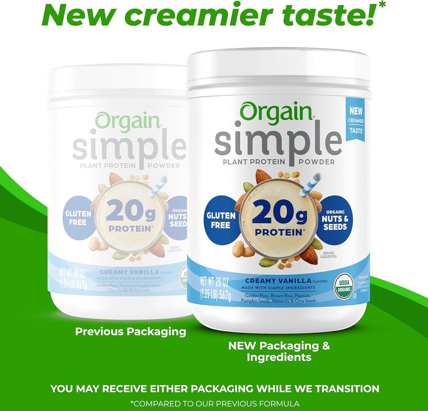 Orgain Organic Simple Vegan Protein Powder, Vanilla - 20g Plant Based Protein, Made with less Ingredients, No Artificial Sweeteners, Gluten Free, No Dairy or Lactose, 1.25 lb (Packaging May Vary)